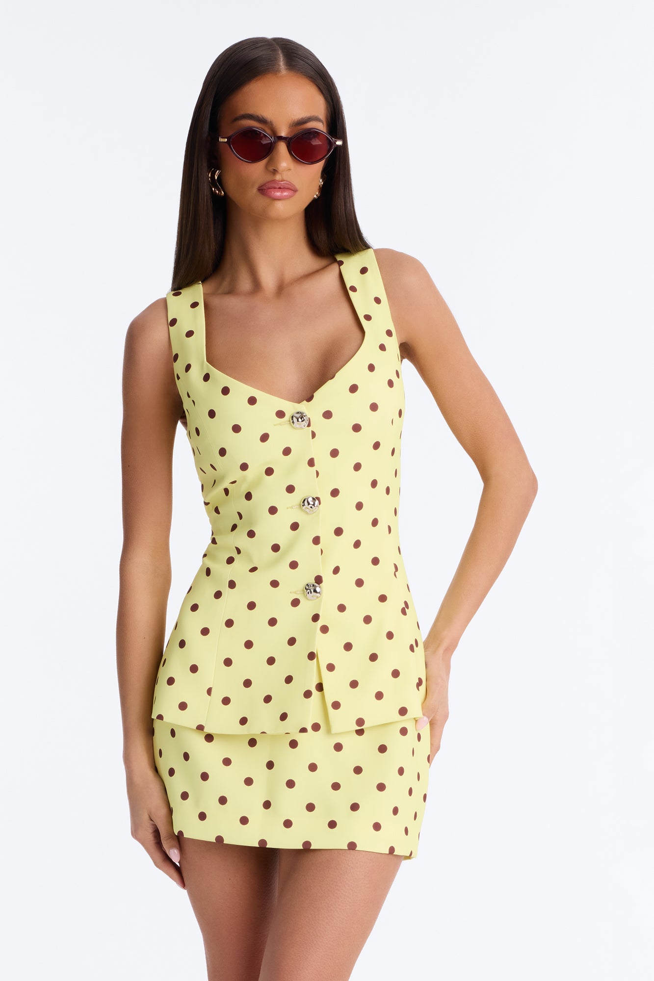 Cori Polka Dot Vest Mini Skirt Set - Yellow/combo