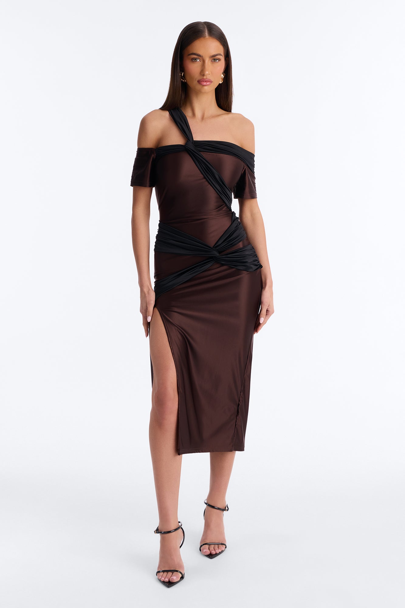 Malia Draped Midi Dress - Chocolate/Combo