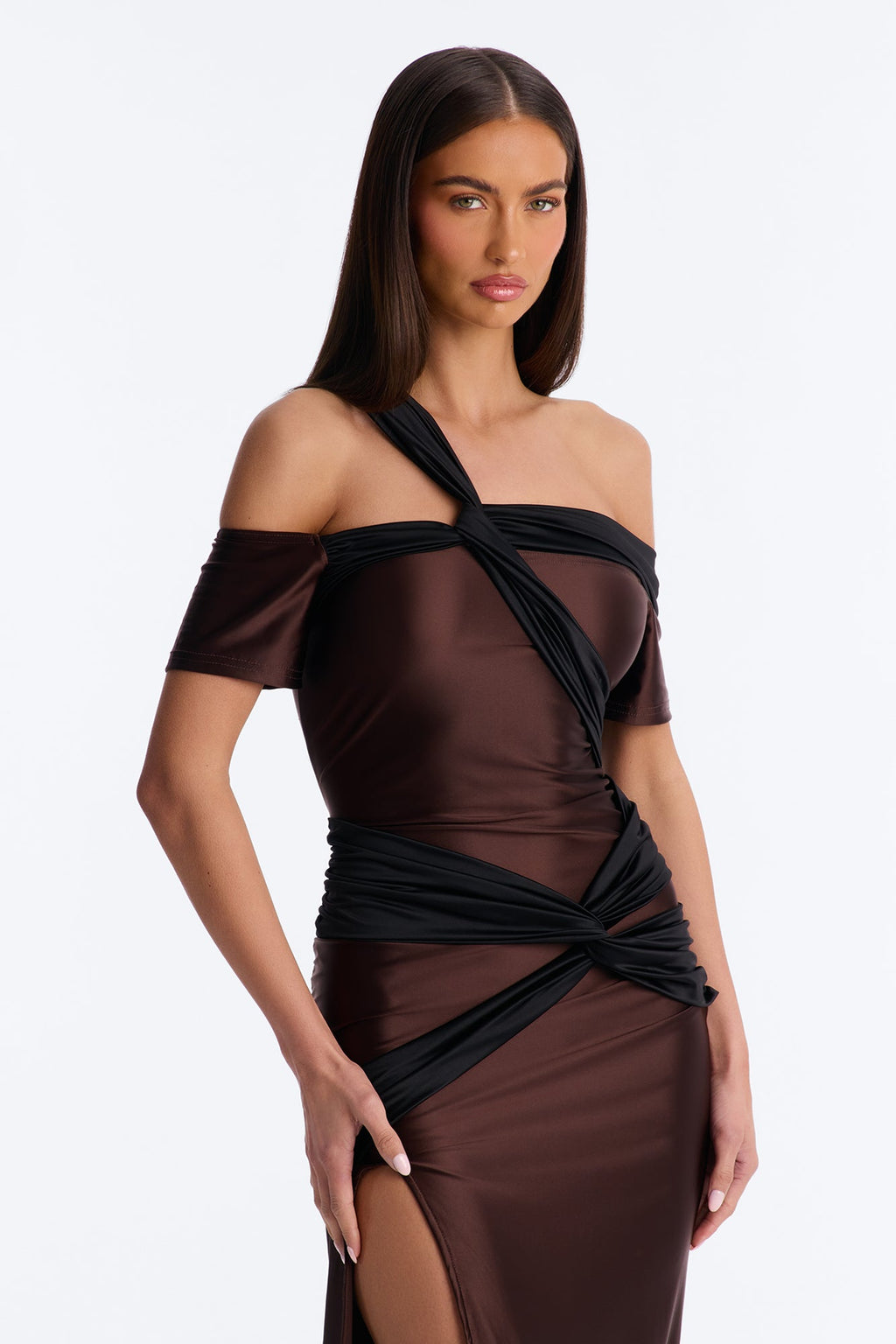 Malia Draped Midi Dress - Chocolate/Combo