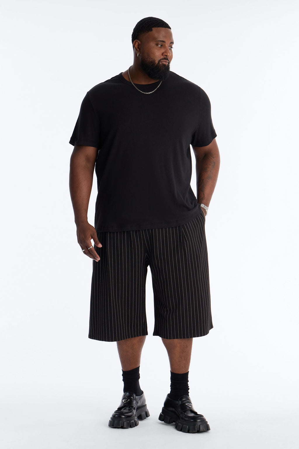 Baggy Straight Striped Soho Refined Short - Black
