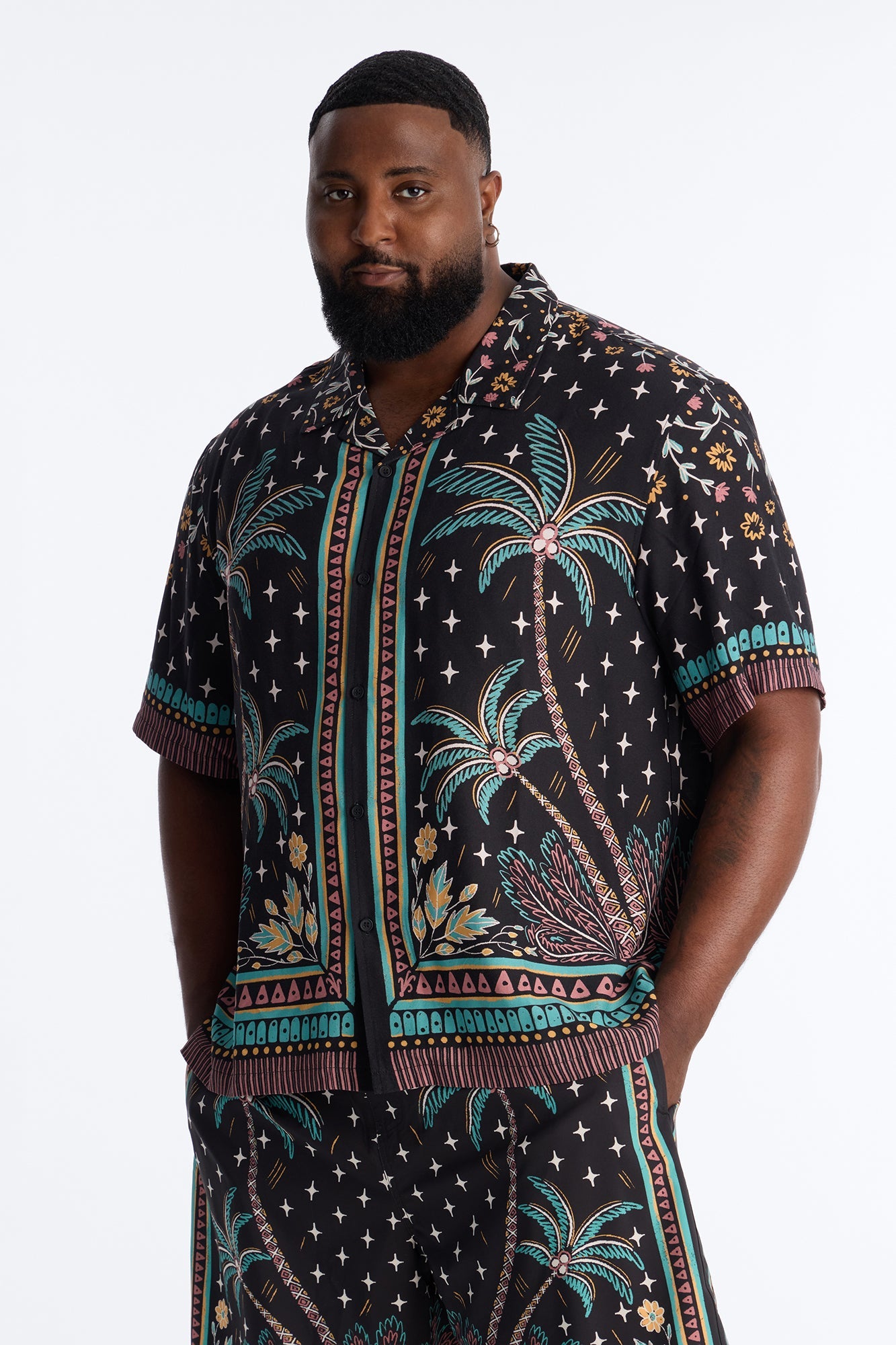 Tropical Twilight Resort Short Sleeve Cuban Collar Shirt - Black