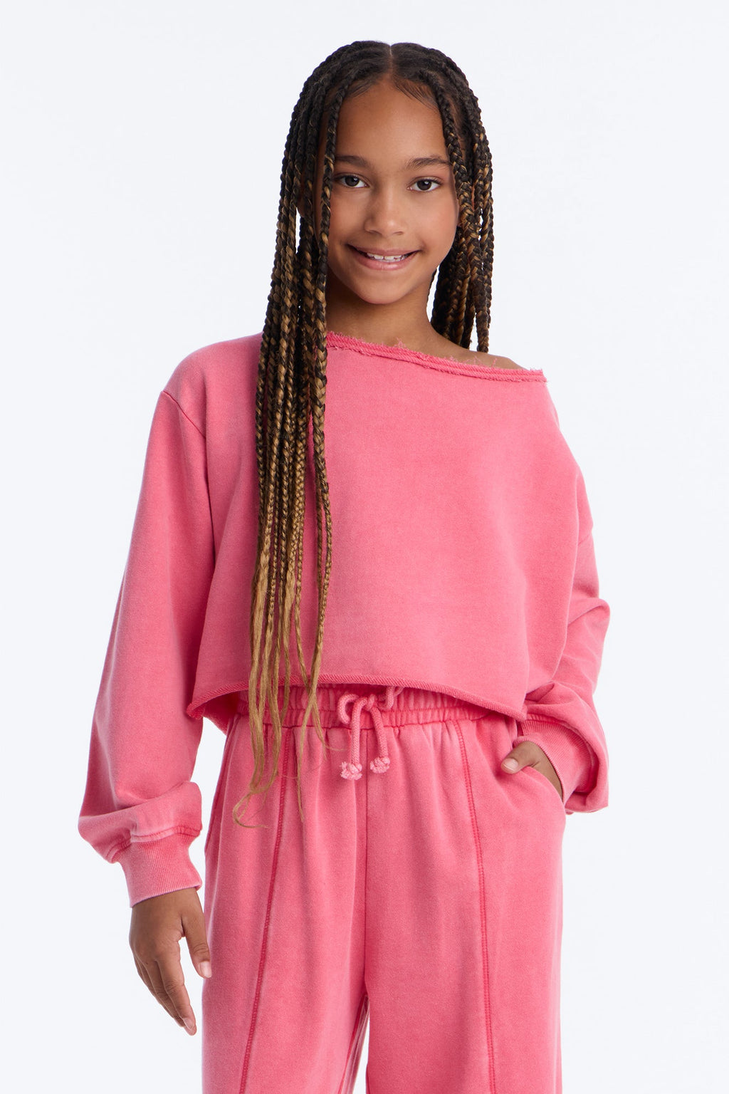 Mini The Washed Off Shoulder Sweatshirt And Pant Set - Coral