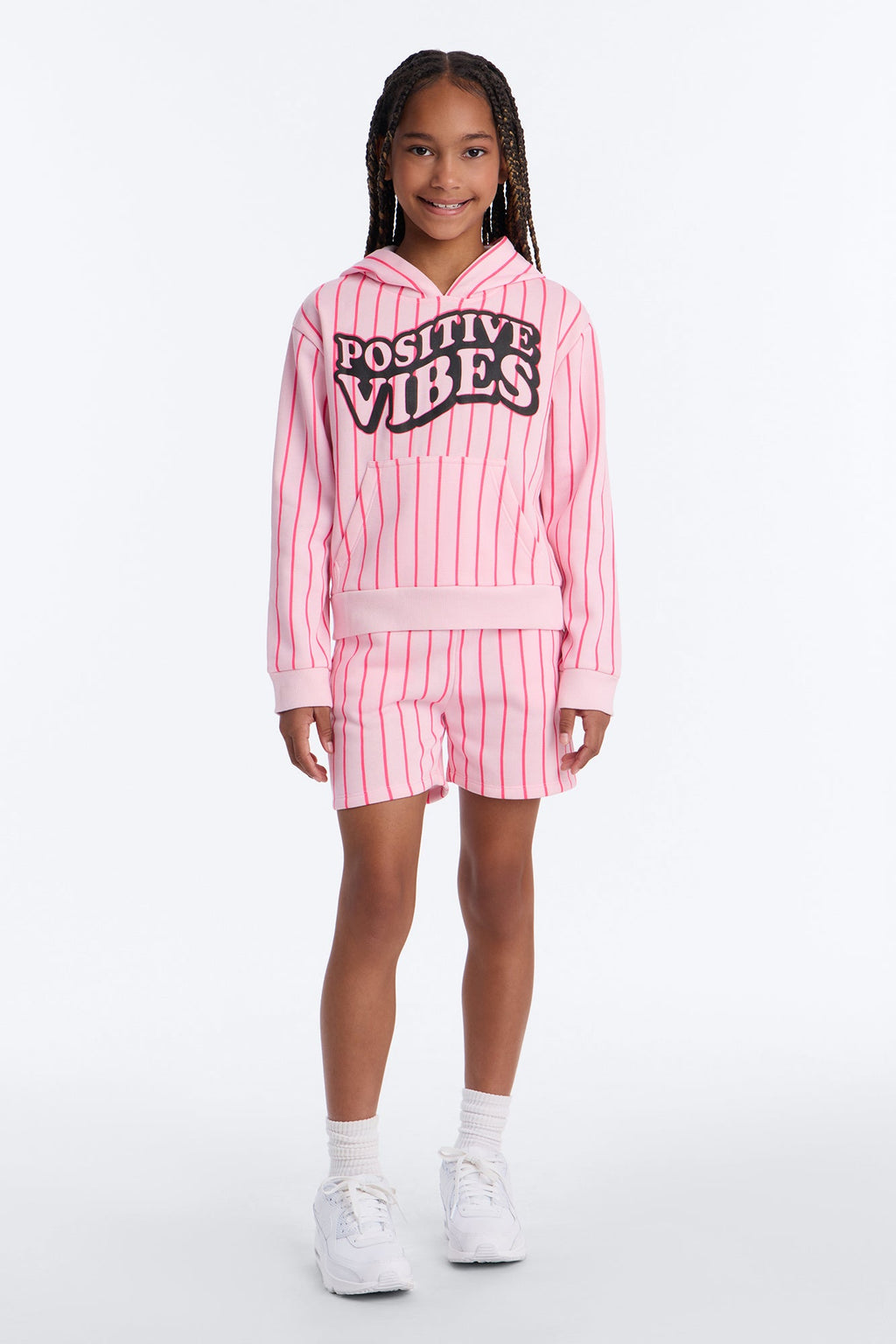Mini Positive Vibes Striped Hoodie And Short Set - Pink/combo