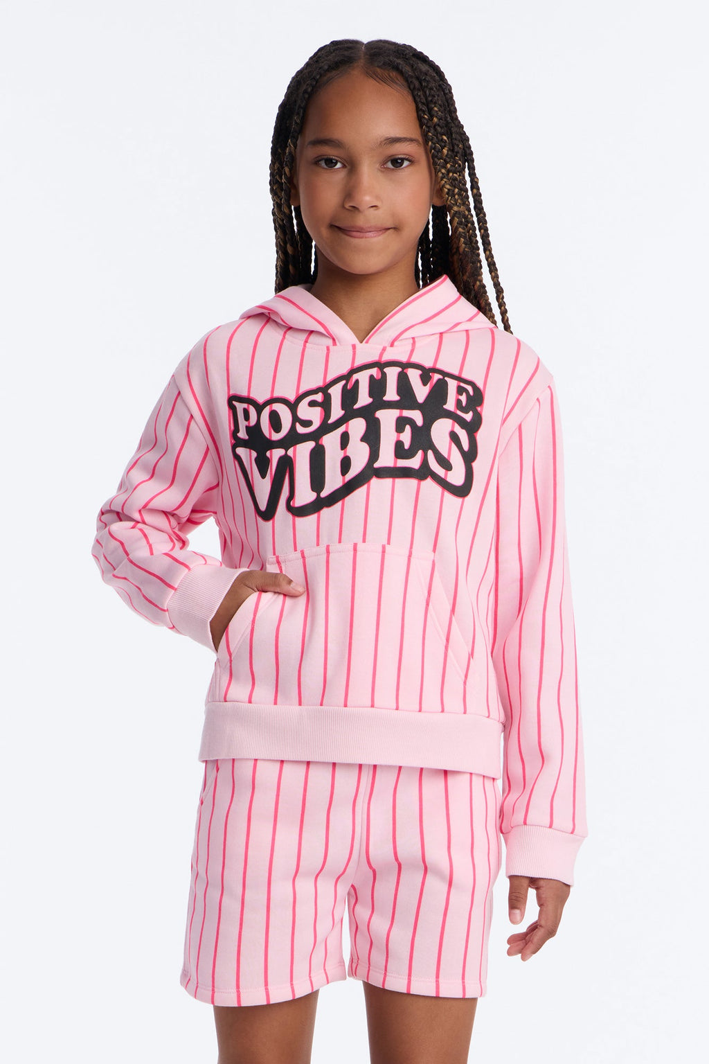 Mini Positive Vibes Striped Hoodie And Short Set - Pink/combo