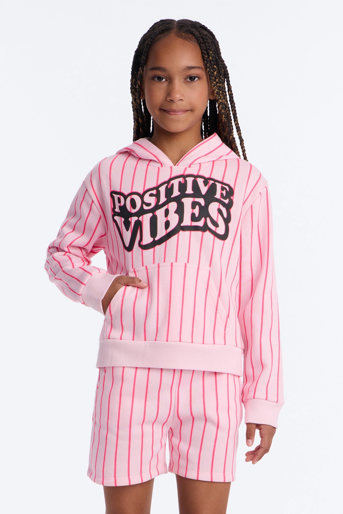 Mini Positive Vibes Striped Hoodie And Short Set - Pink/combo