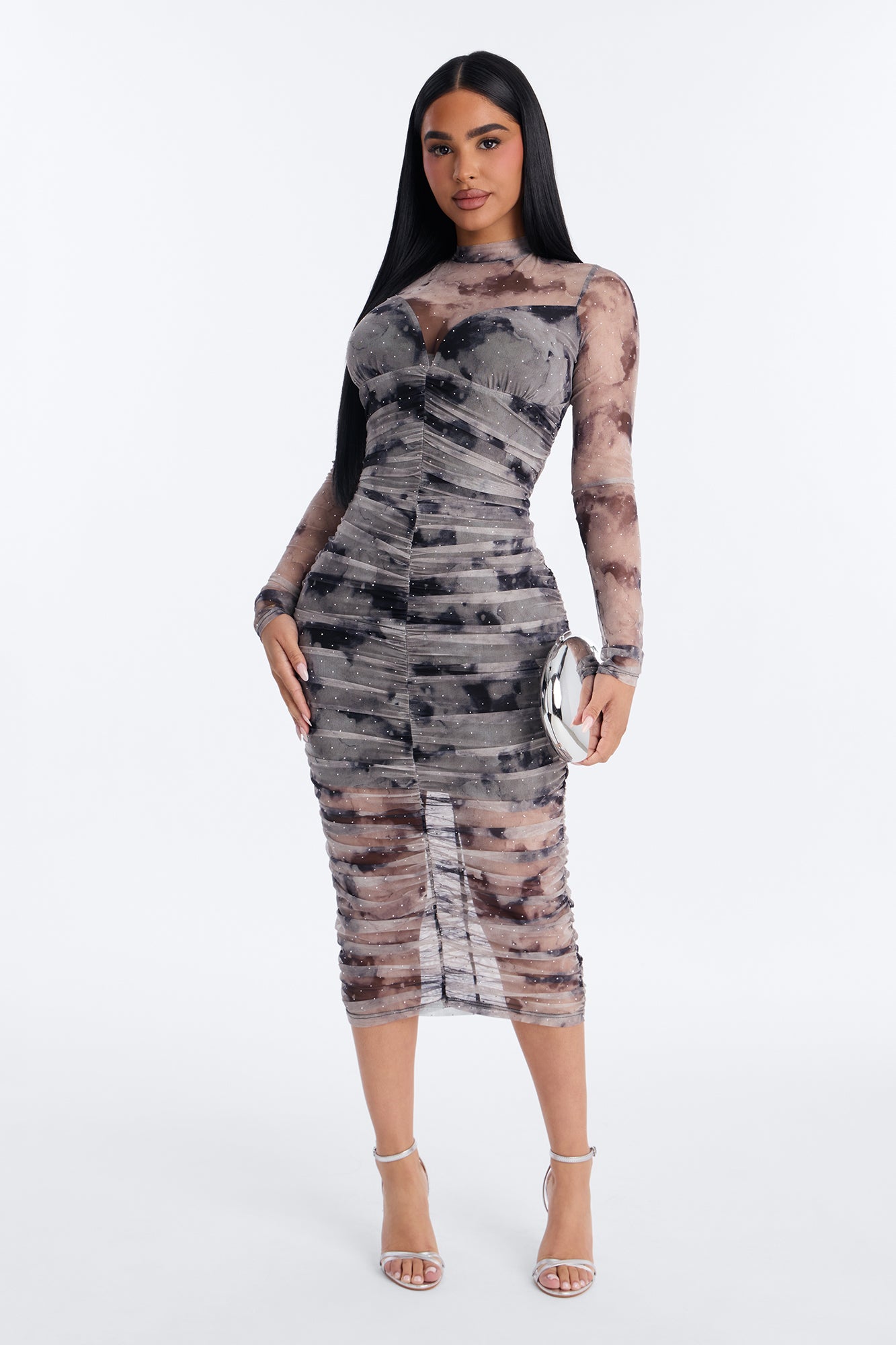 Hollie Rhinestone Mesh Midi Dress - Grey
