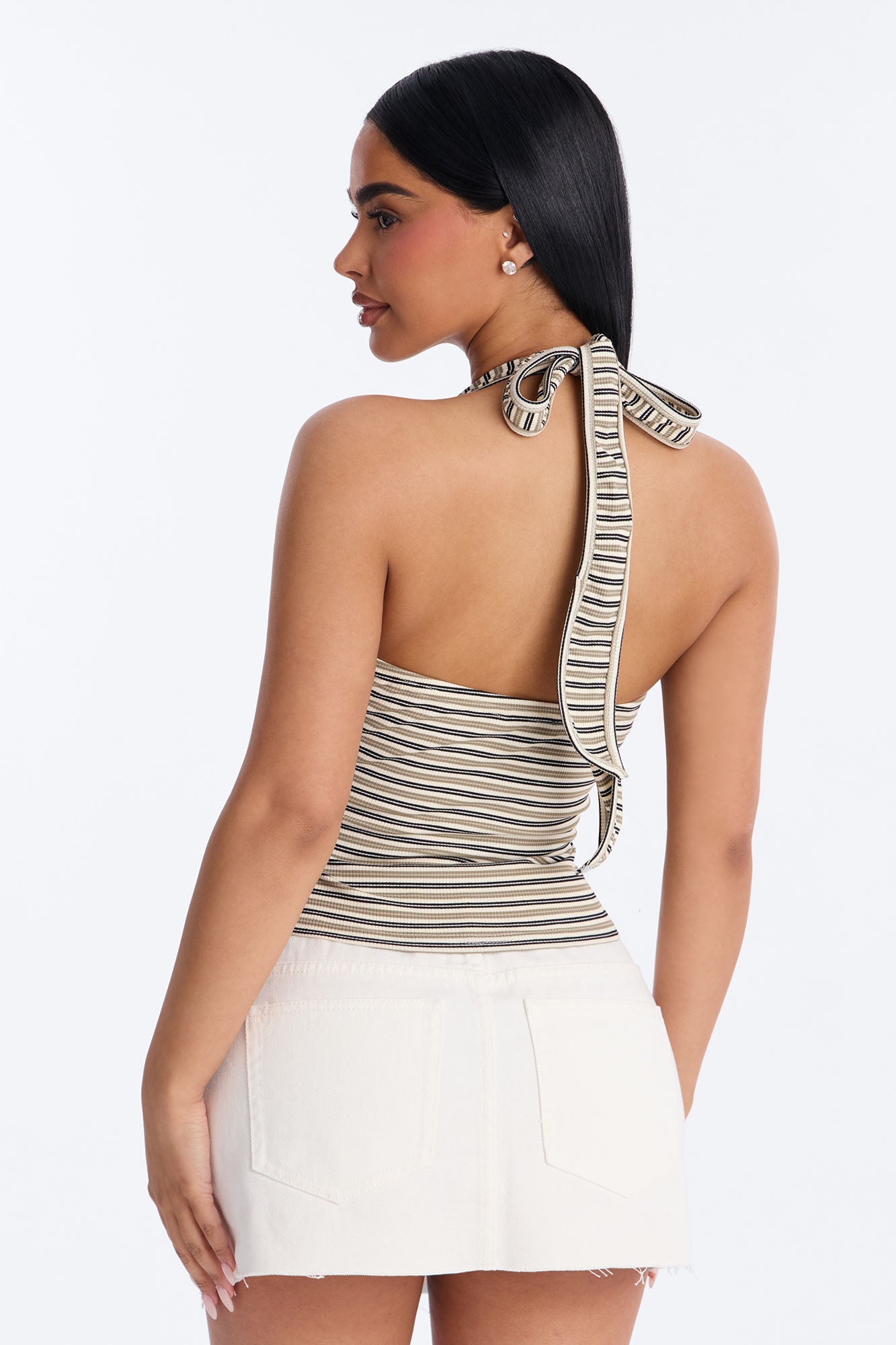 Lulu Ribbed Striped Scoop Neck Halter Top - Olive/combo