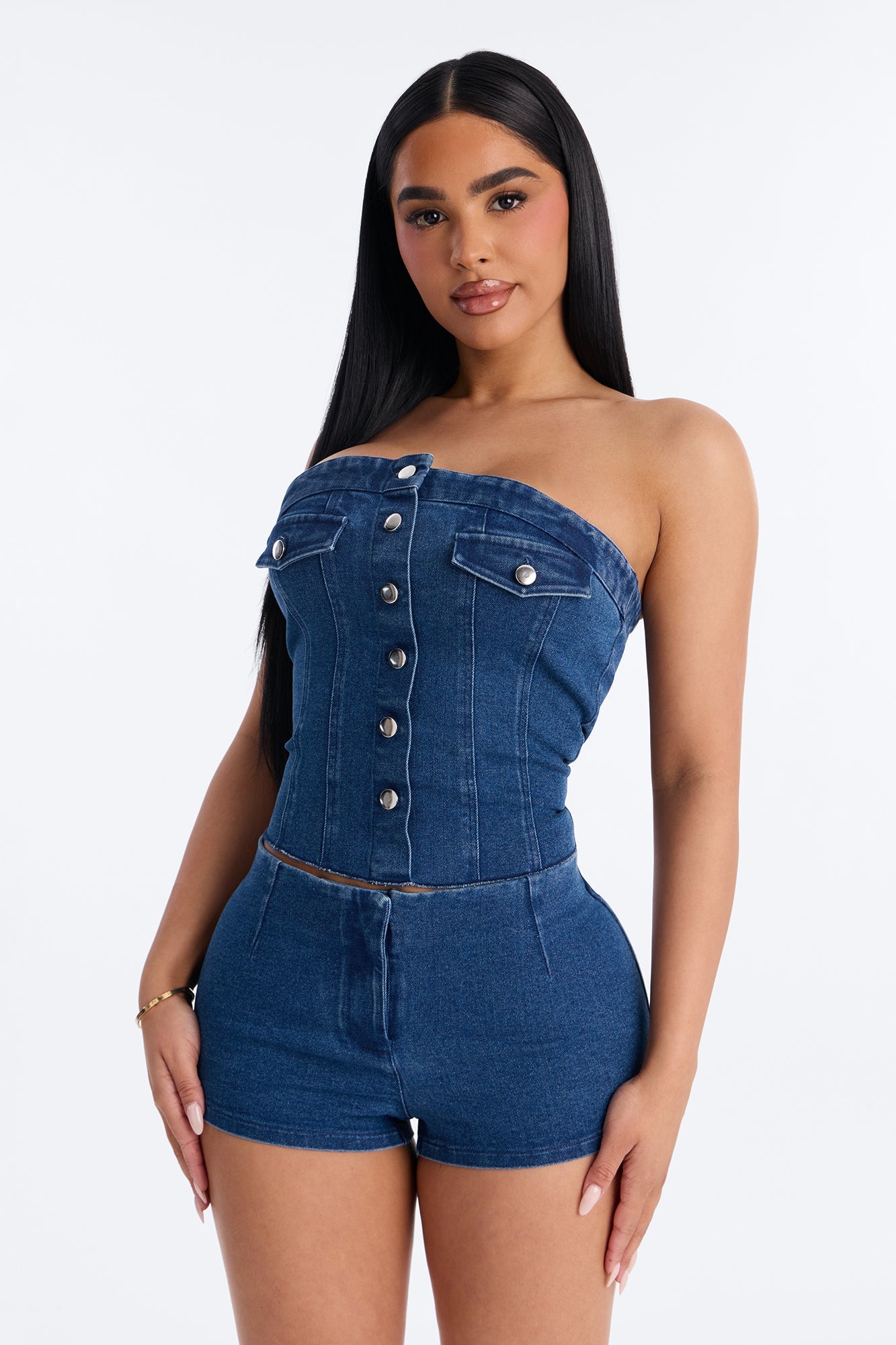 Violetta Denim Corset Micro Short Set - Blue Wash