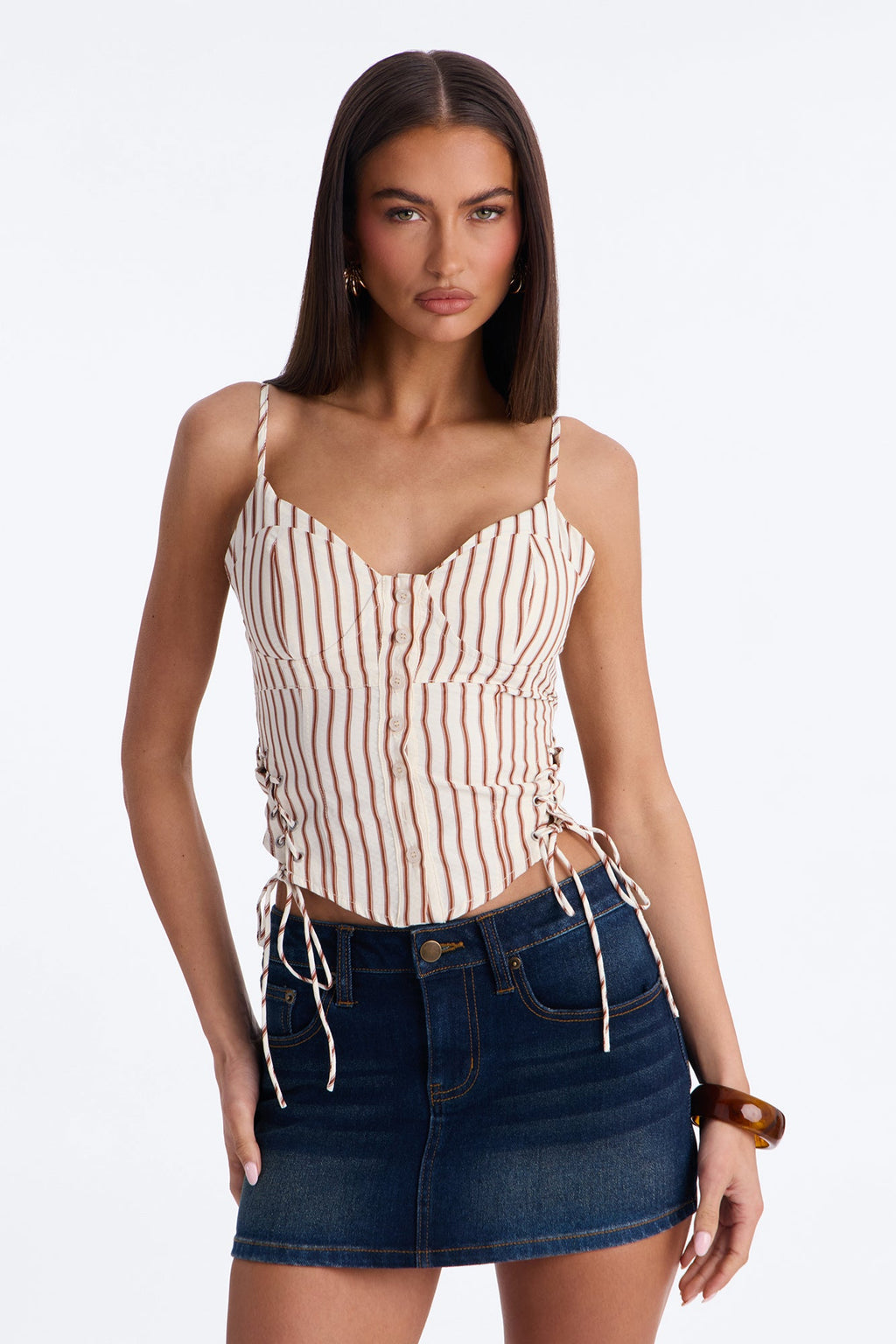 Hot Mess Express Lace Up Striped Top - Cream/combo