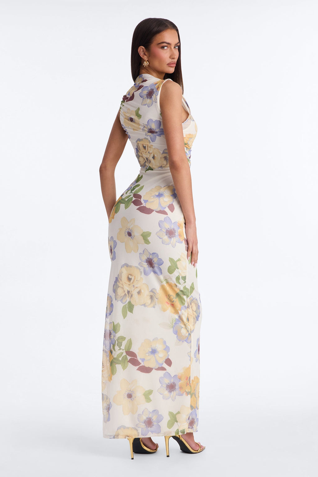Skyla Ruched Mesh Maxi Dress - Yellow/combo