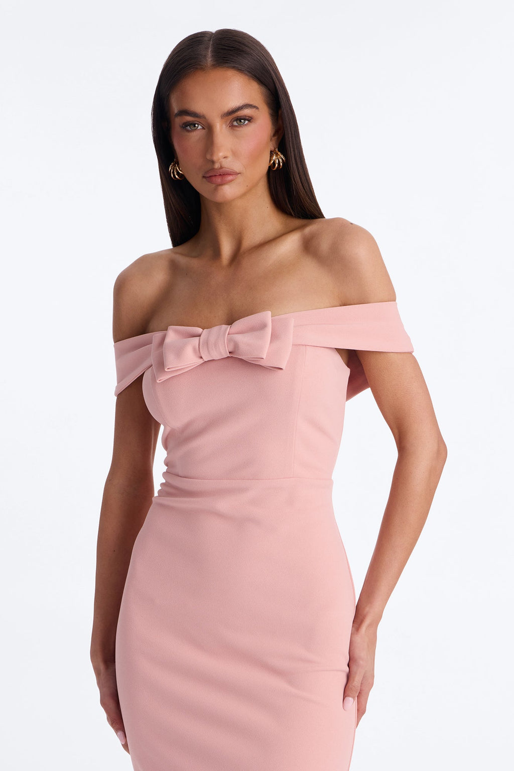 Anabella Off Shoulder Bow Midi Dress - Pink