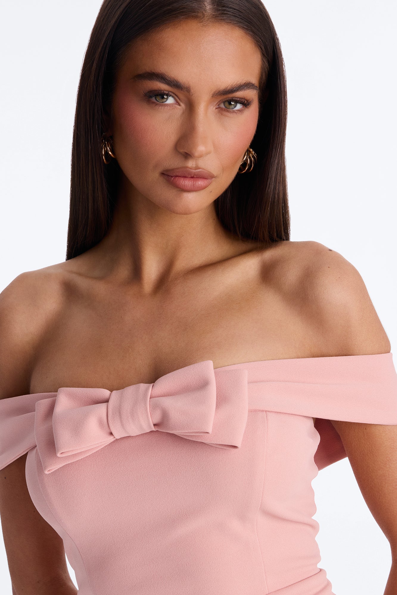 Anabella Off Shoulder Bow Midi Dress - Pink