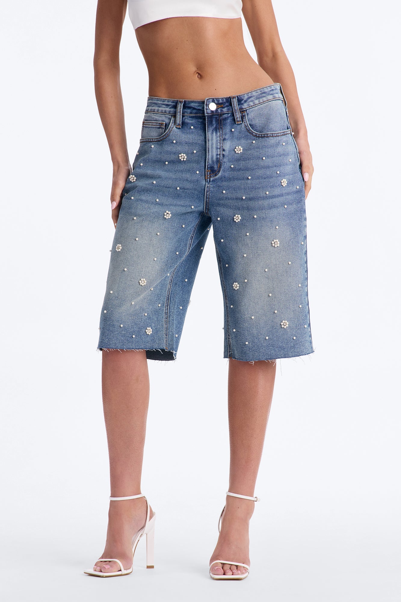 Oh So Pearly Embellished Denim Bermuda Shorts - Vintage Wash