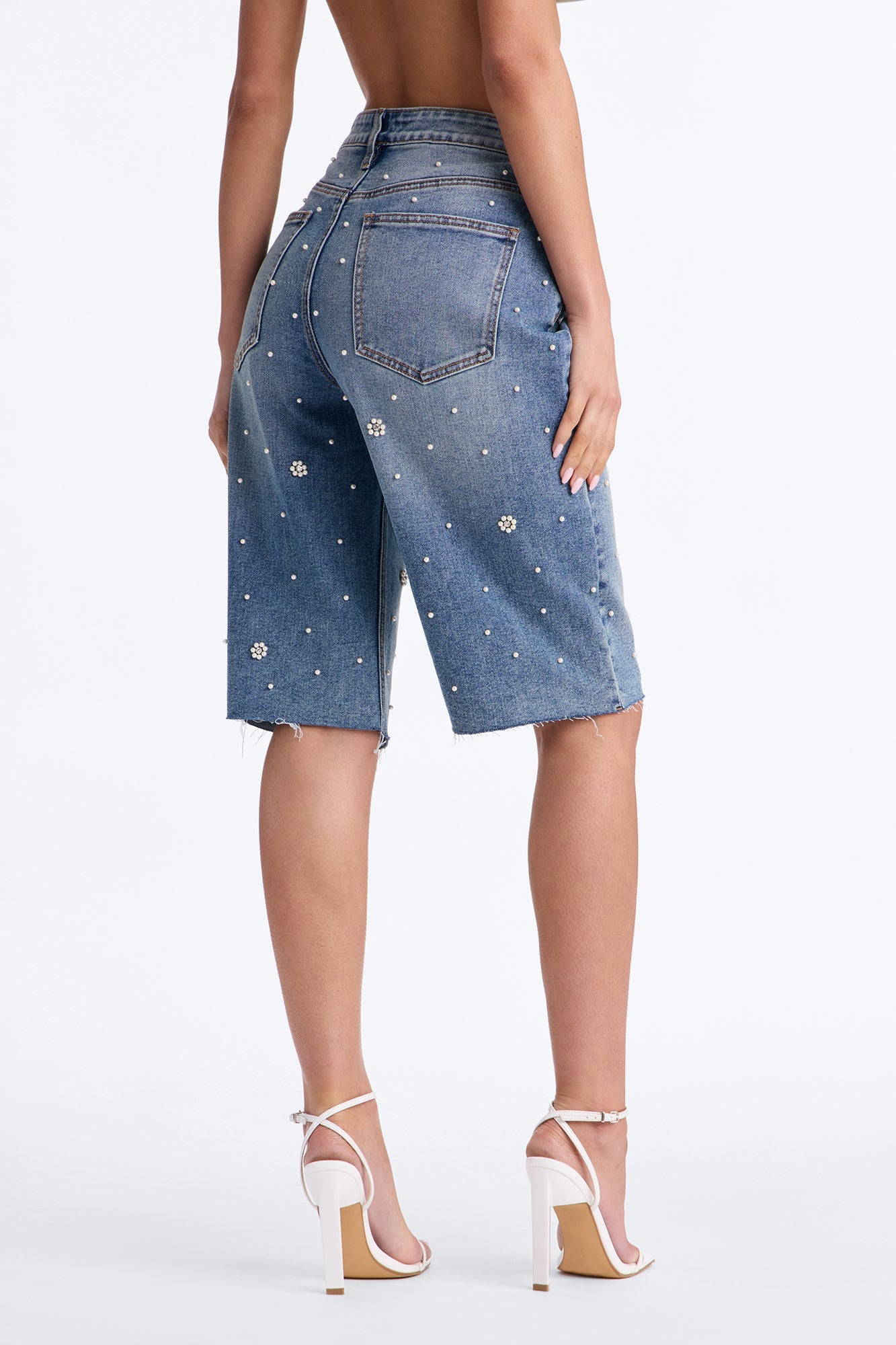 Oh So Pearly Embellished Denim Bermuda Shorts - Vintage Wash