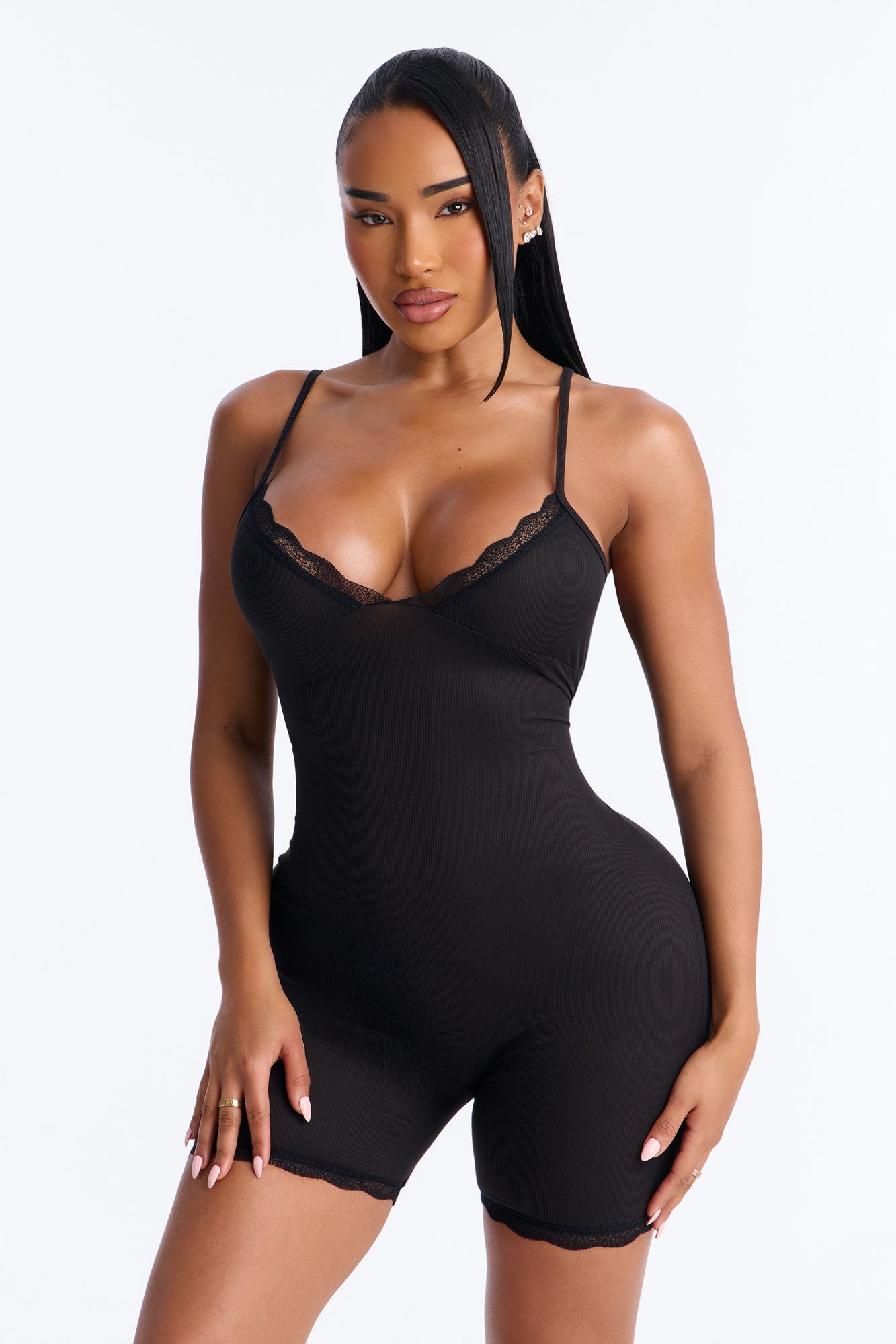 Slumber Party Cami Lace Trim PJ Romper Onesie - Black
