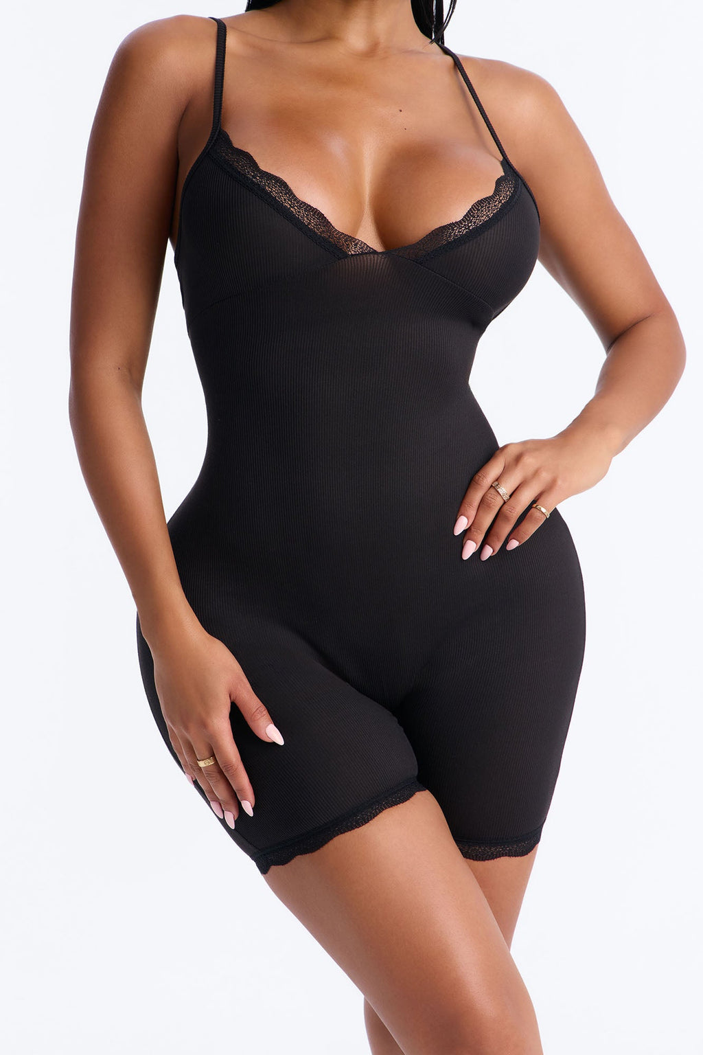 Slumber Party Cami Lace Trim PJ Romper Onesie - Black