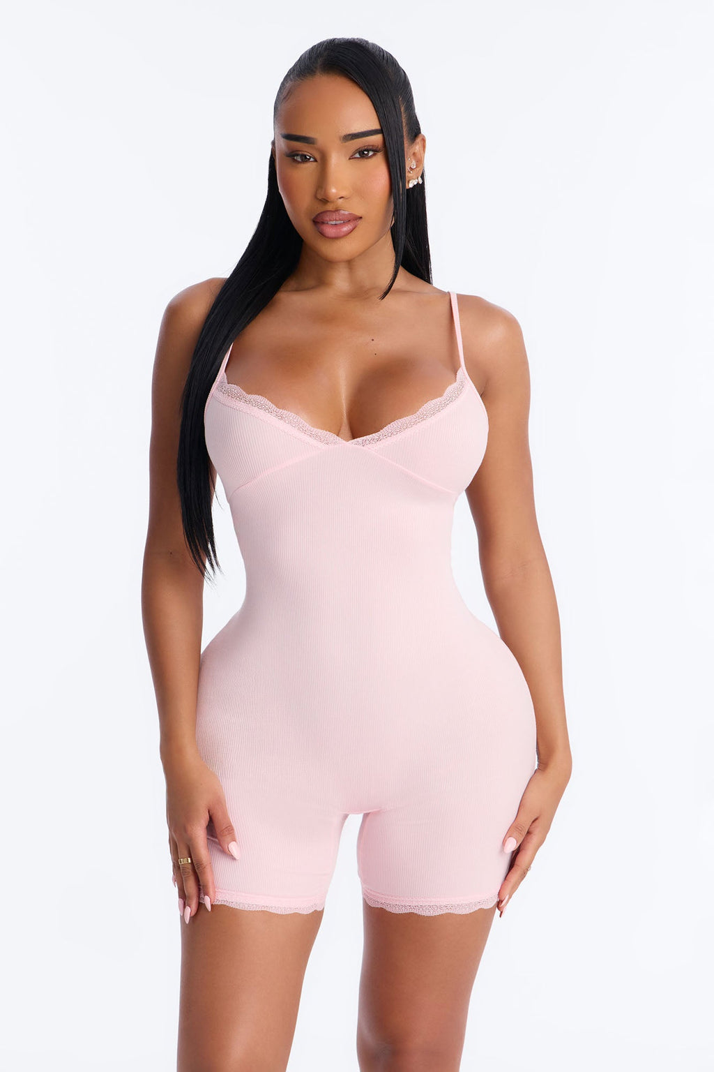 Slumber Party Cami Lace Trim PJ Romper Onesie - Pink