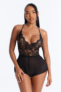 Johanna Lace Trim V-Neck Flowy Romper - Black