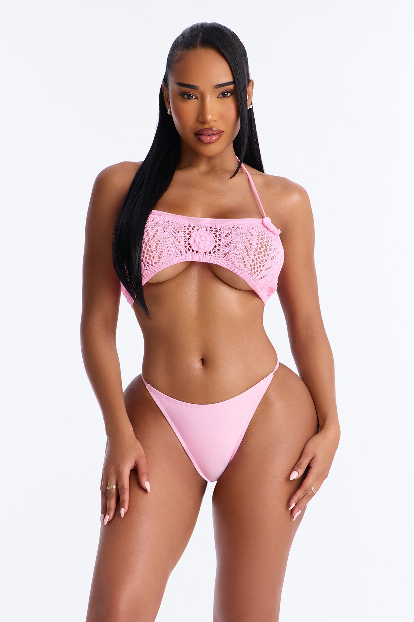 Seas The Bloom 3 Piece Floral Swim Crochet Cover Up Skirt Set - Pink