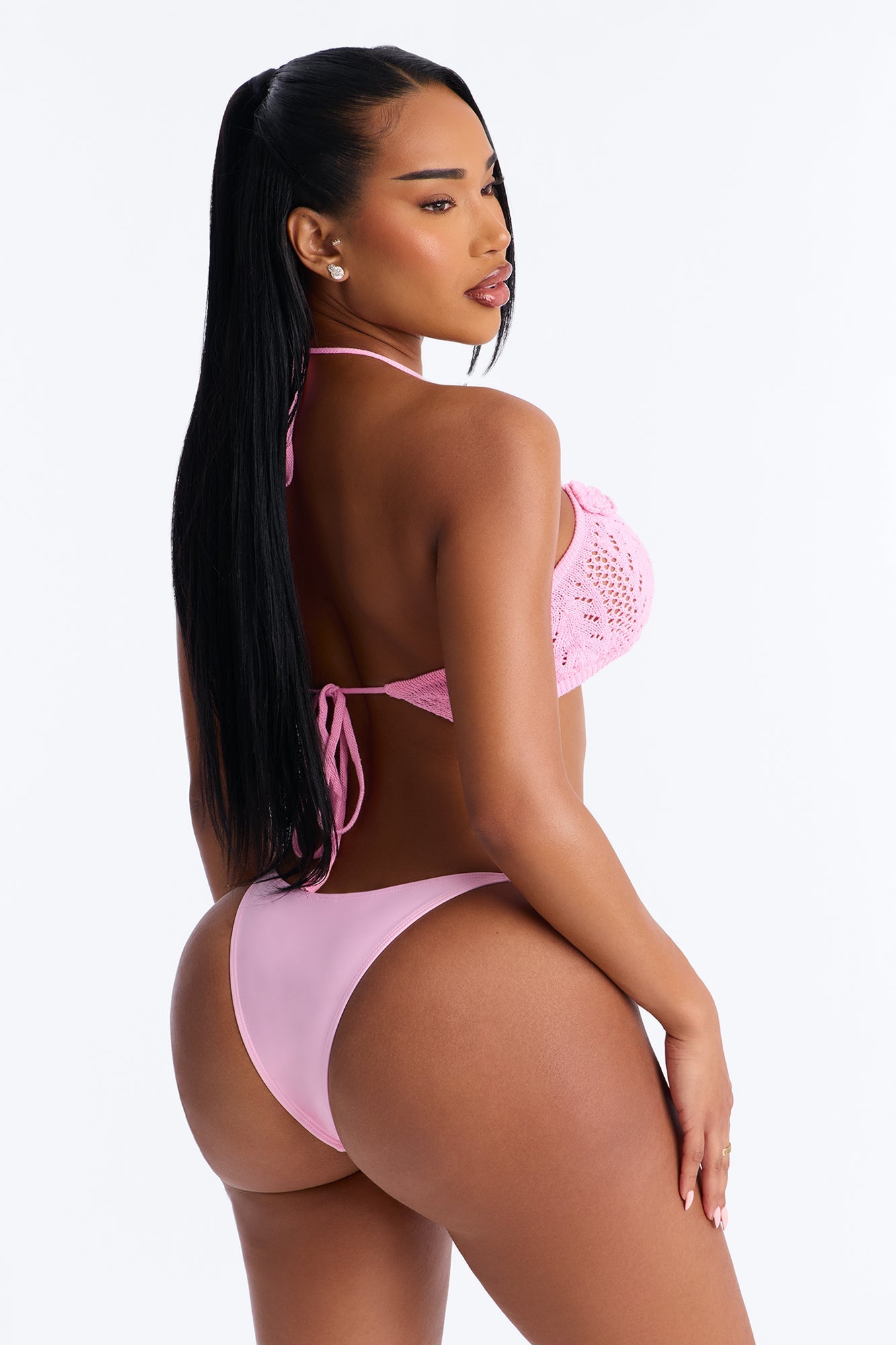 Seas The Bloom 3 Piece Floral Swim Crochet Cover Up Skirt Set - Pink