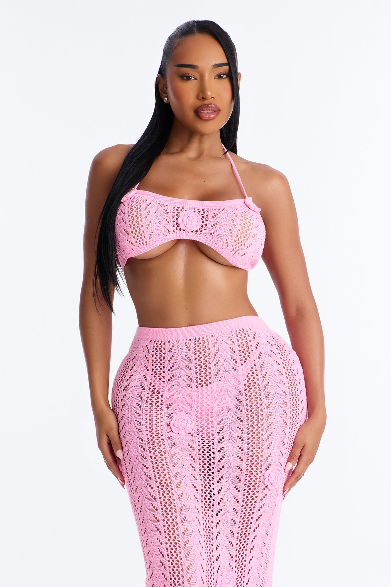 Seas The Bloom 3 Piece Floral Swim Crochet Cover Up Skirt Set - Pink