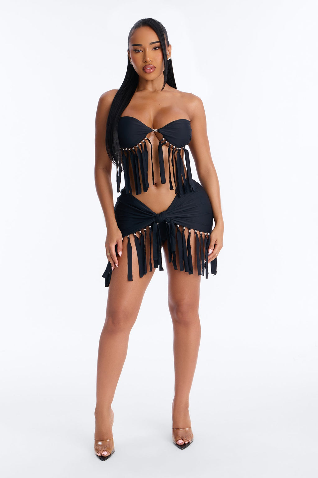 Match My Freak Fringe Bikini And Coverup Skirt - Black