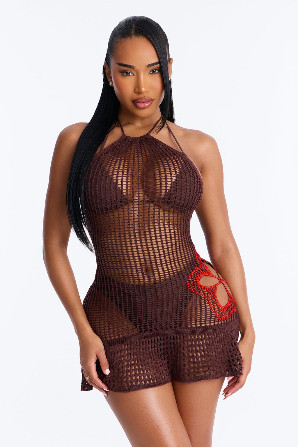 Cocoa Coast Crochet Swim Cover Up Halter Dress - Brown