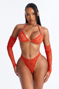 Up For It Lace 3 Piece Bra And Panty Set With Gloves - Tangerine