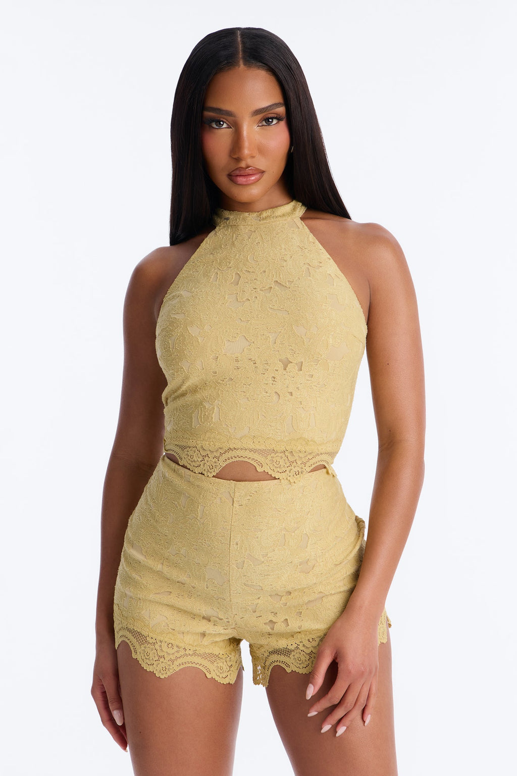 Lace Embrace Halter Top And Short Set - Yellow