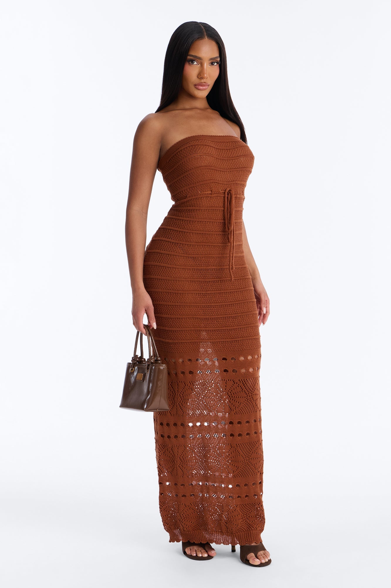 Pam Springs Strapless Crochet Maxi Dress - Cognac