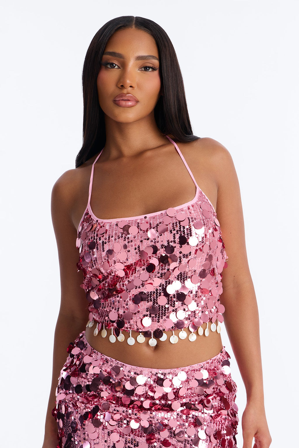 Sunset Drips Sequin Halter Top - Pink