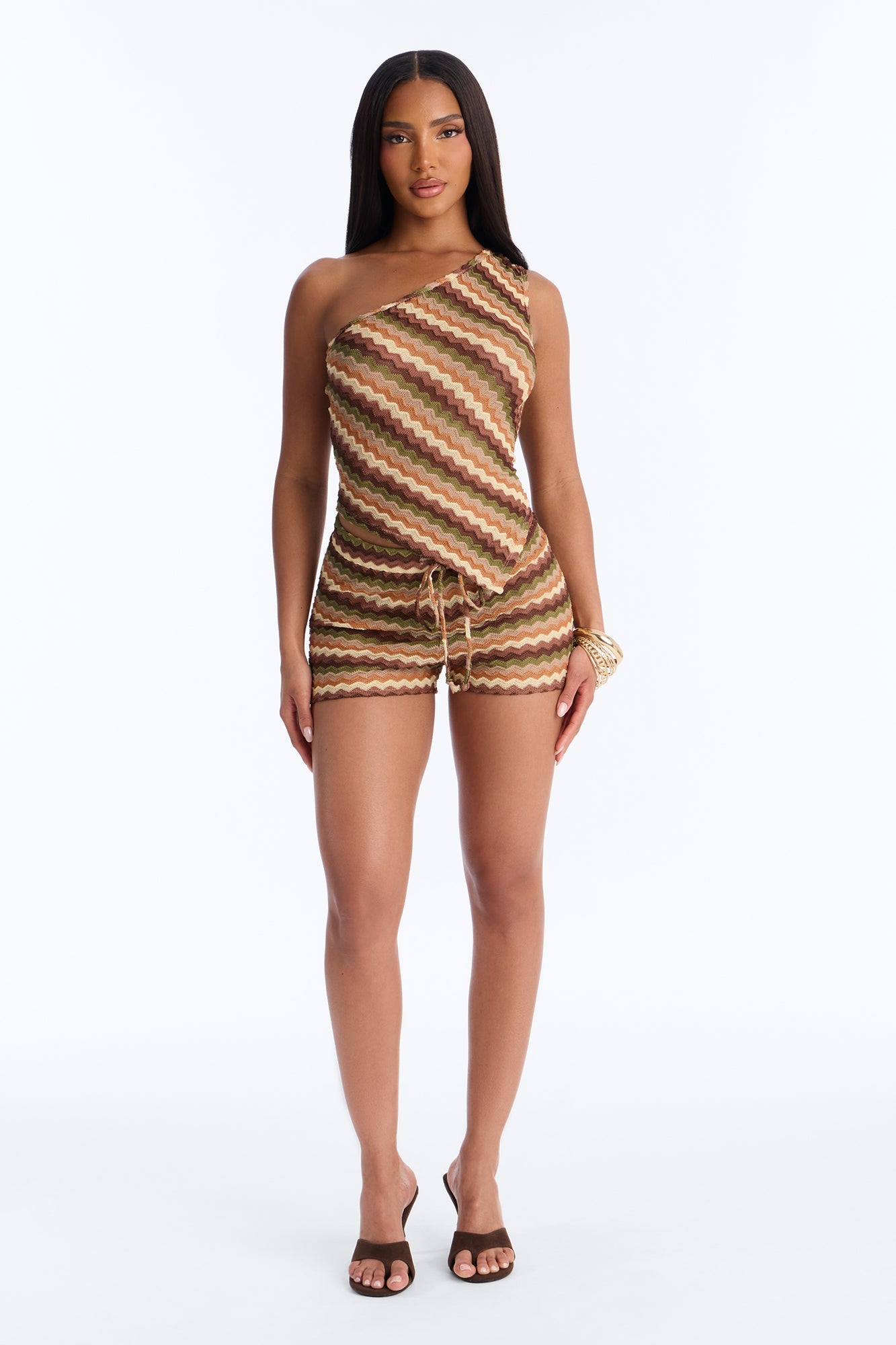 Tessa Crochet One Shoulder Short Set - Brown/combo