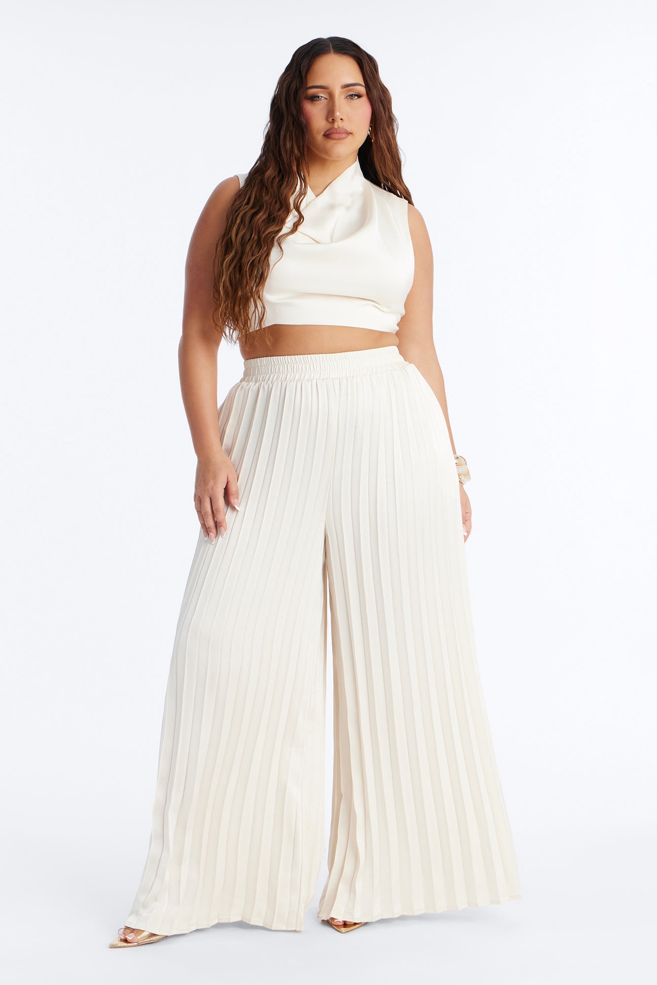 Let's Go Babe Satin Wide Leg Pant 32 - Ivory