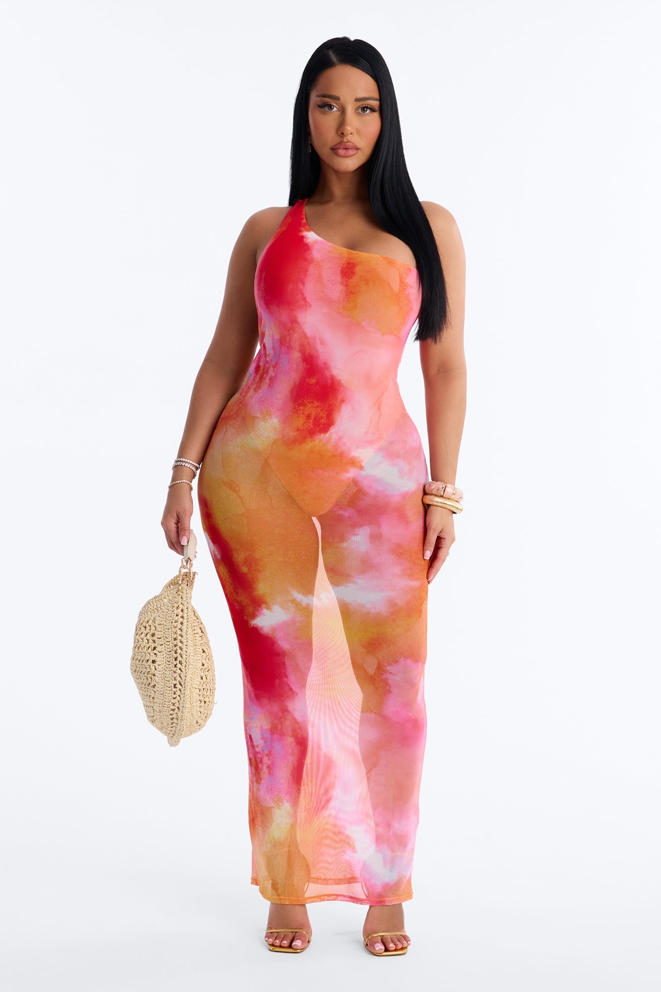 Macy One Shoulder Sheer Maxi Dress - Orange/combo