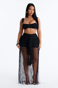 Farrah Mesh Fringe Skirt Set - Black