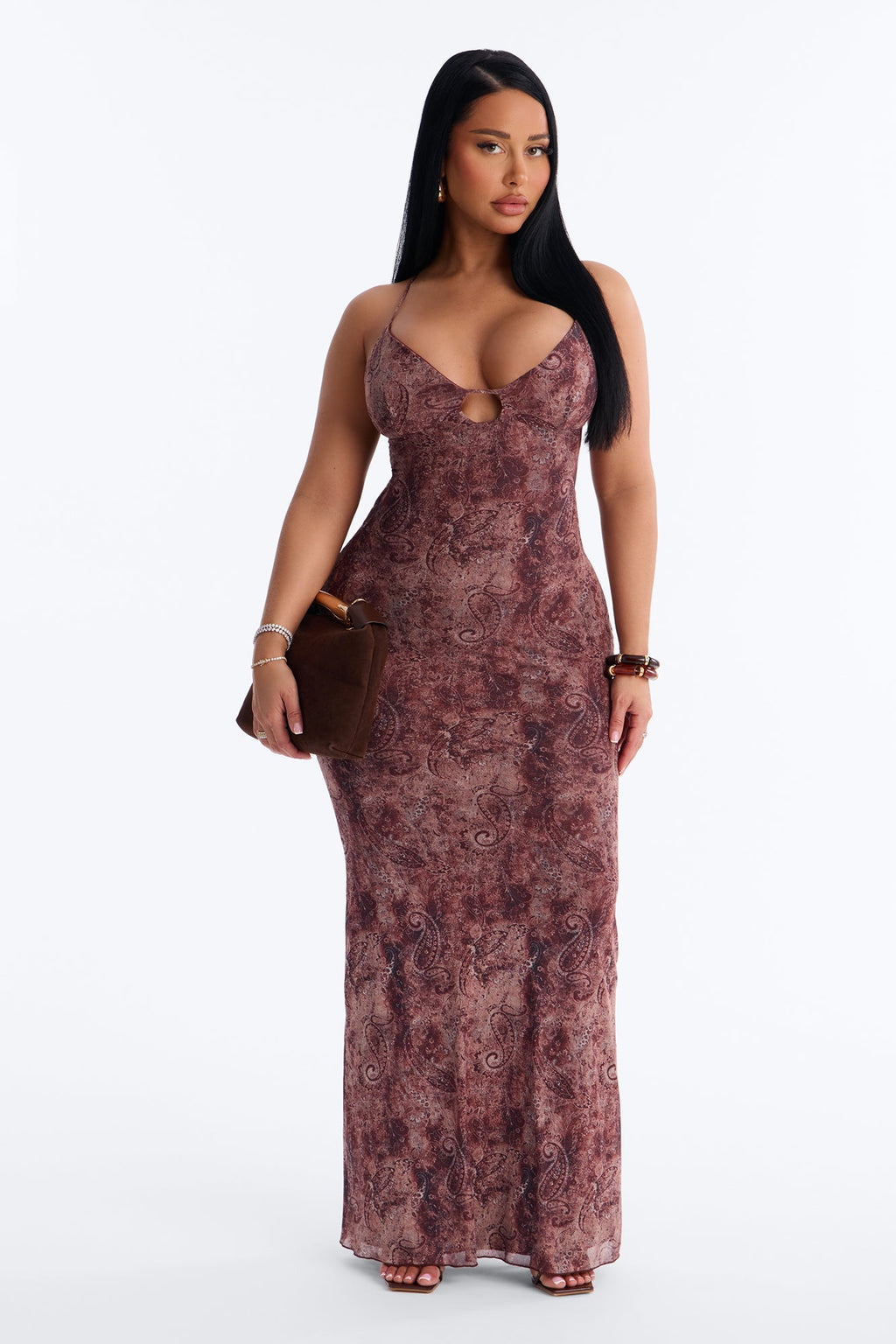 Indie Paisley Mesh Maxi Dress - Brown