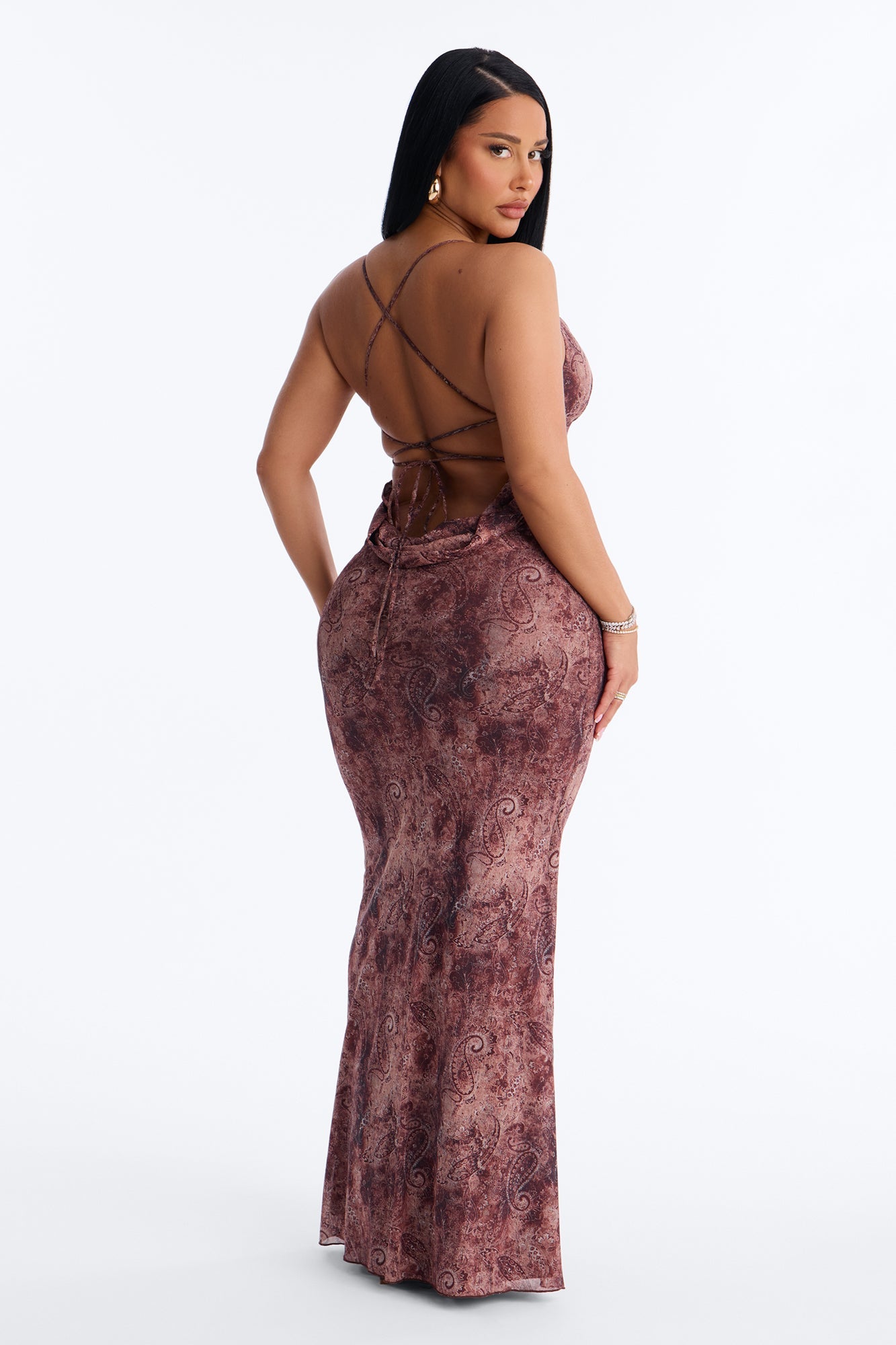 Indie Paisley Mesh Maxi Dress - Brown