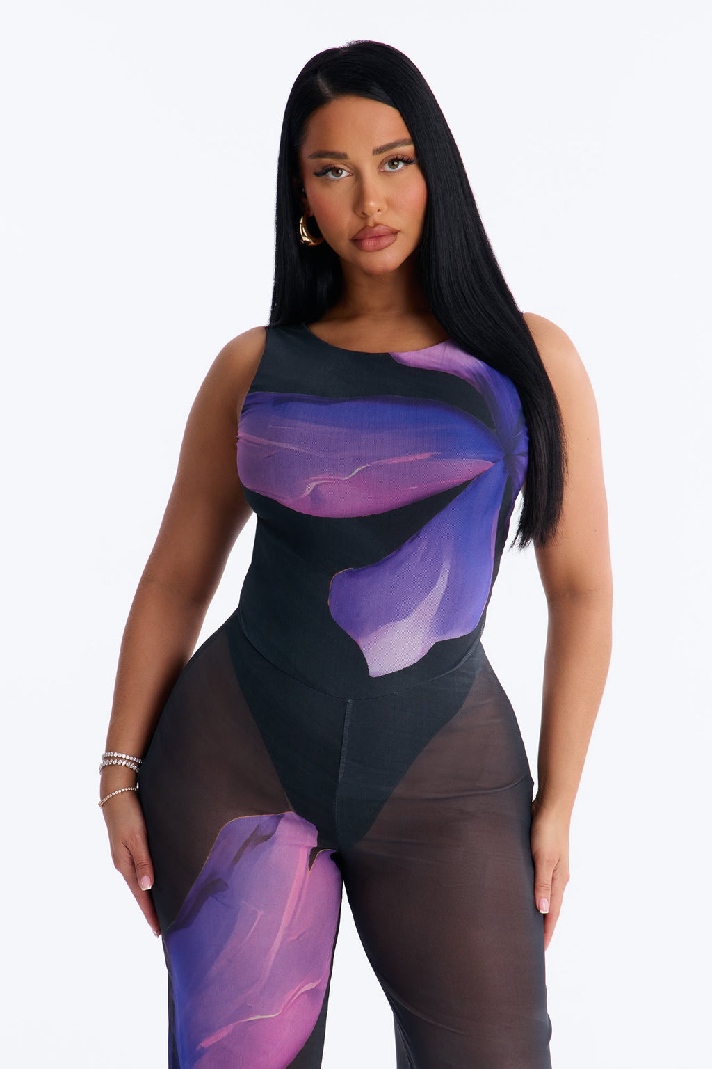 Yara Backless Mesh Jumpsuit - Purple