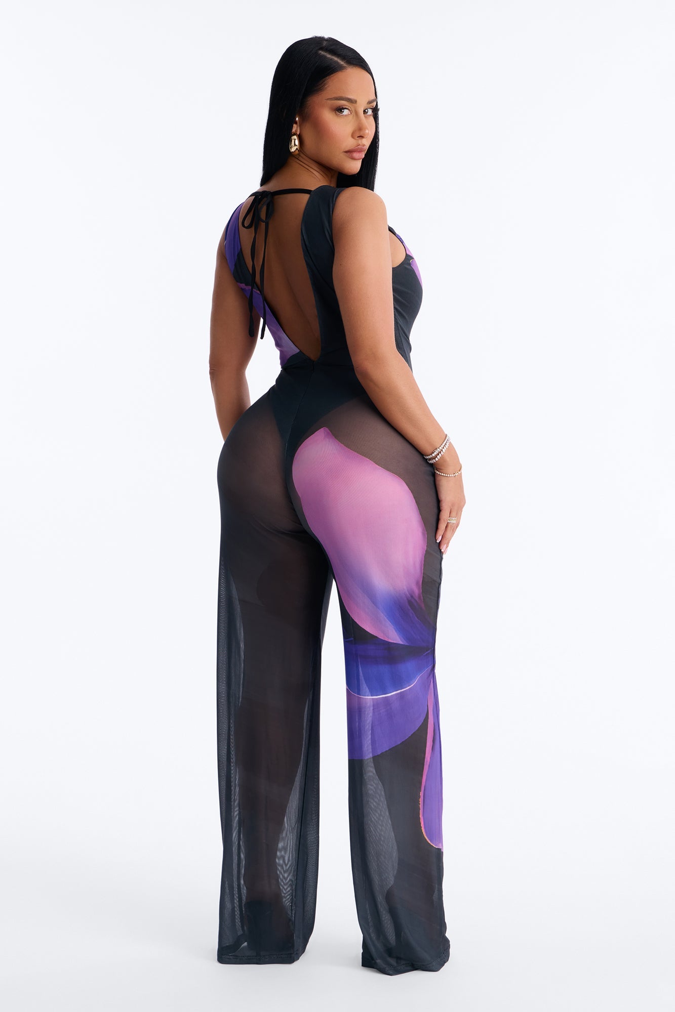 Yara Backless Mesh Jumpsuit - Purple