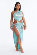 Gemma Ruched Metallic Maxi Dress - Light Blue