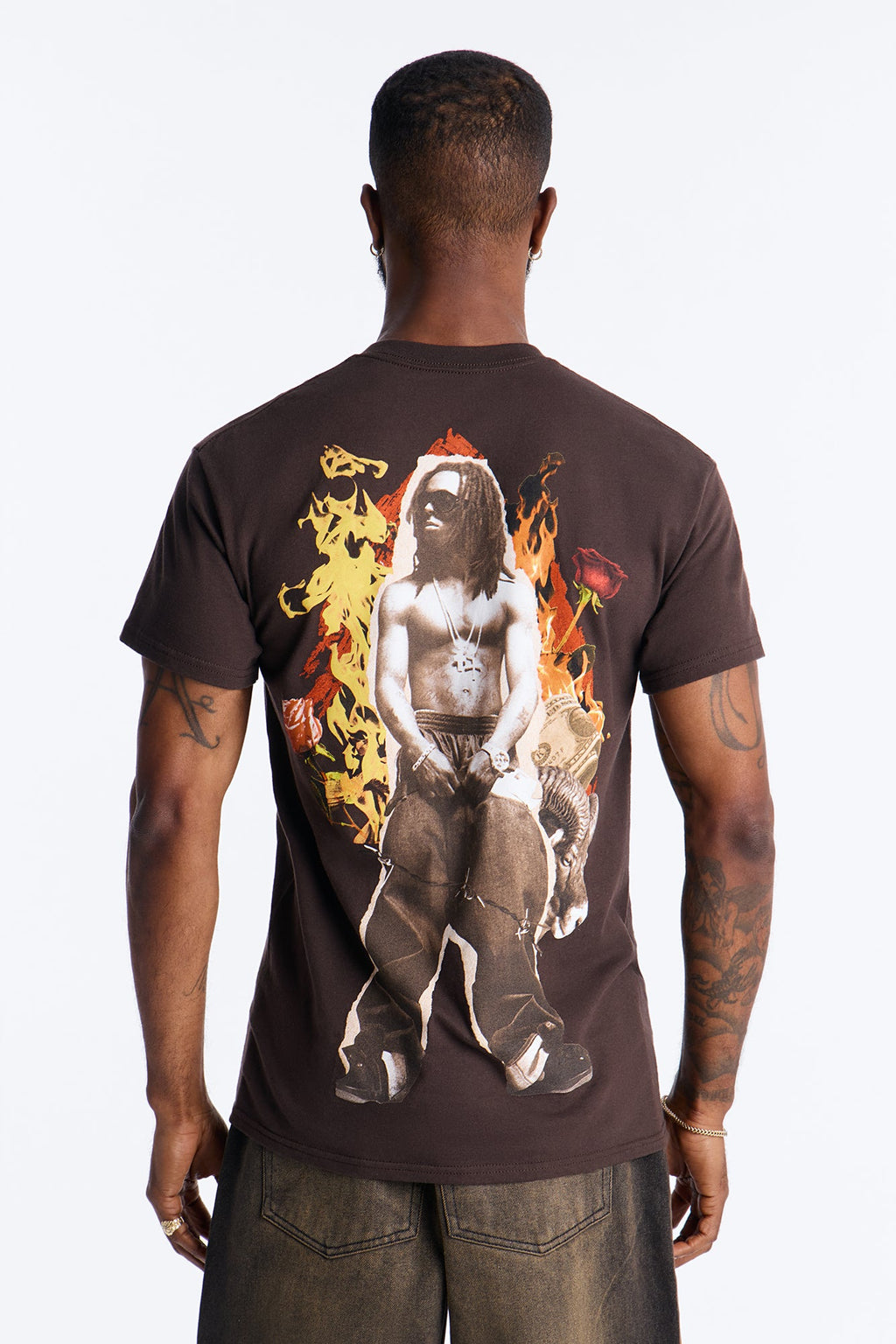 Lil Wayne Flames Graphic Short Sleeve Tee - Brown