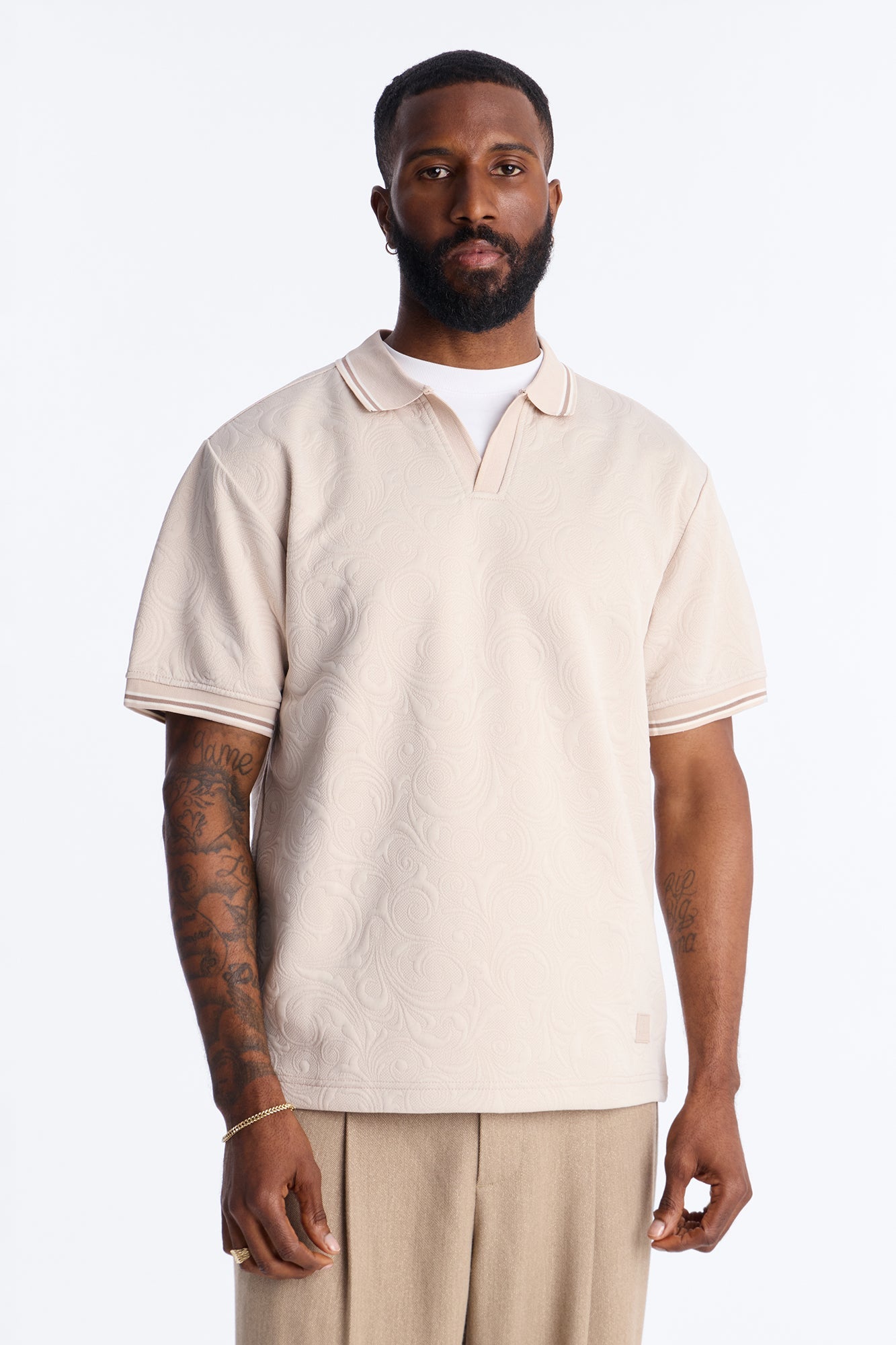 Saints Floral Johnny Collar Polo - Oatmeal