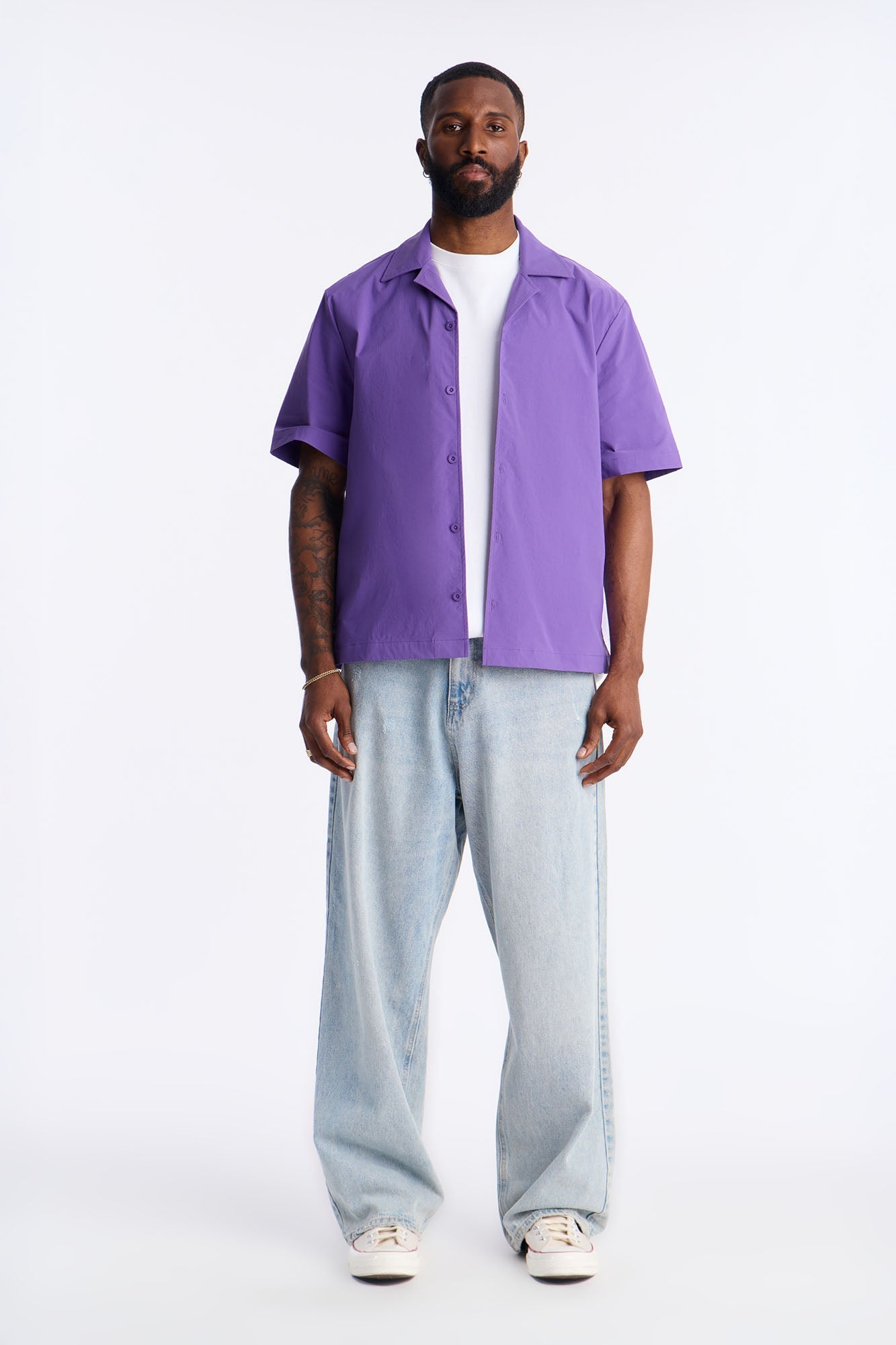 Montez Cuban Collar Button Up Shirt - Purple