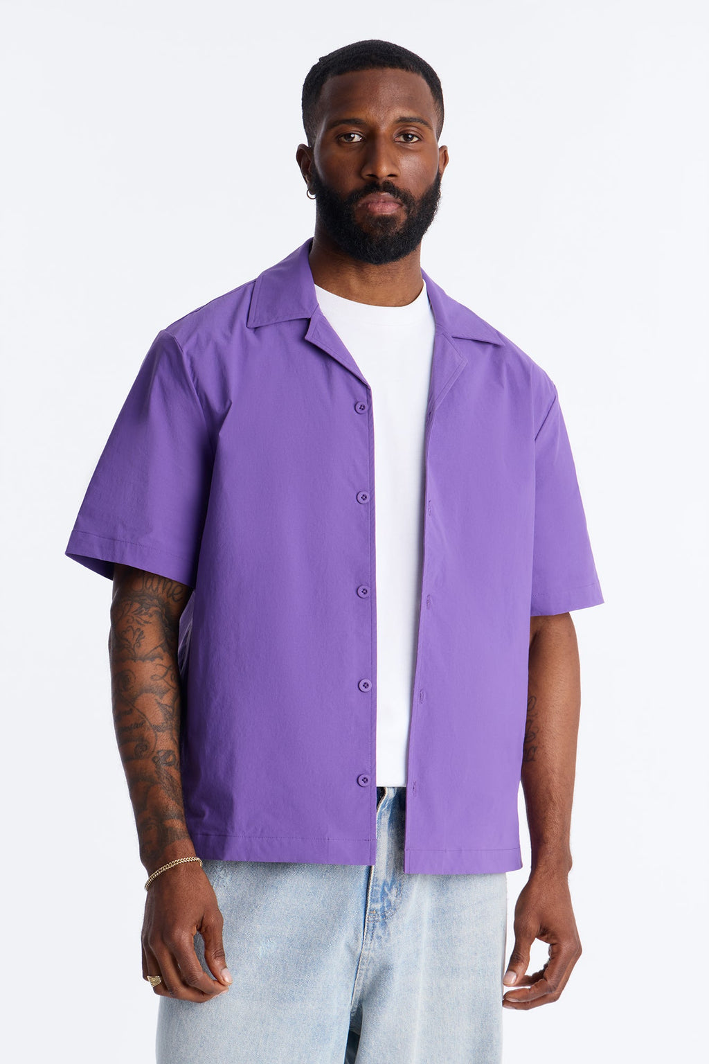 Montez Cuban Collar Button Up Shirt - Purple