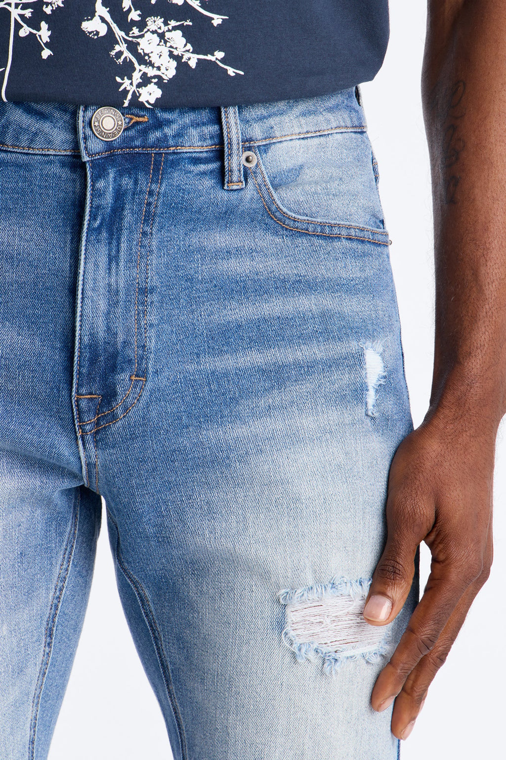 Essential Destroyed Skinny Stretch Jean - Medium Blue Wash