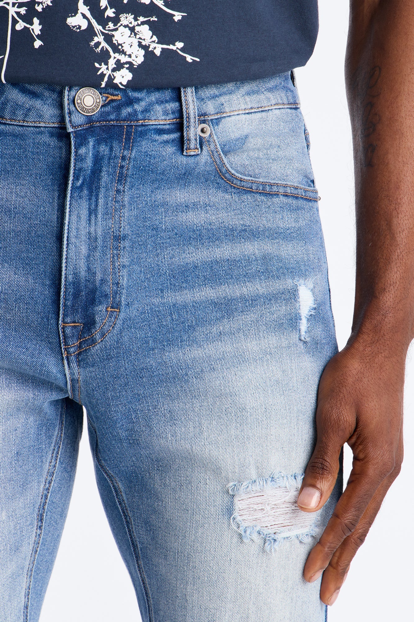 Essential Destroyed Skinny Stretch Jean - Medium Blue Wash